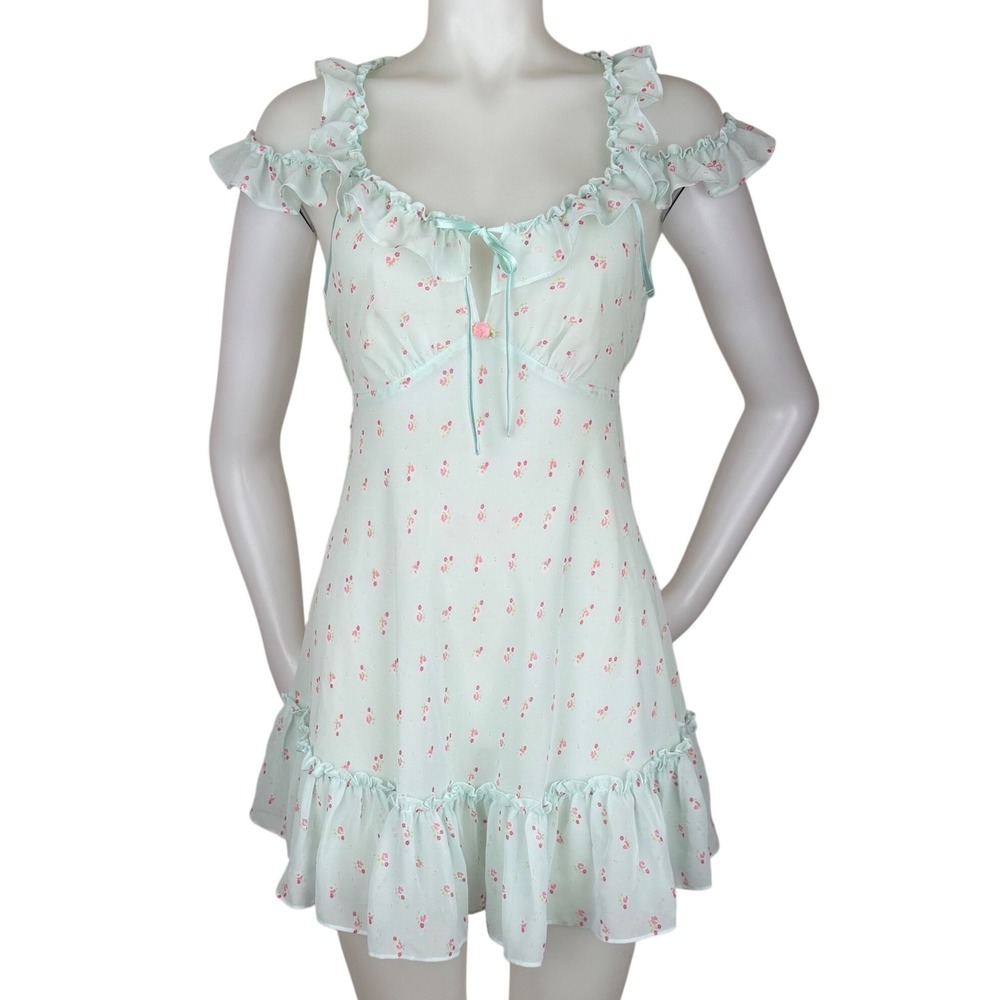 Betsey Johnson Intimates Mint Green Floral Ruffle Babydoll Chemise Dress Small